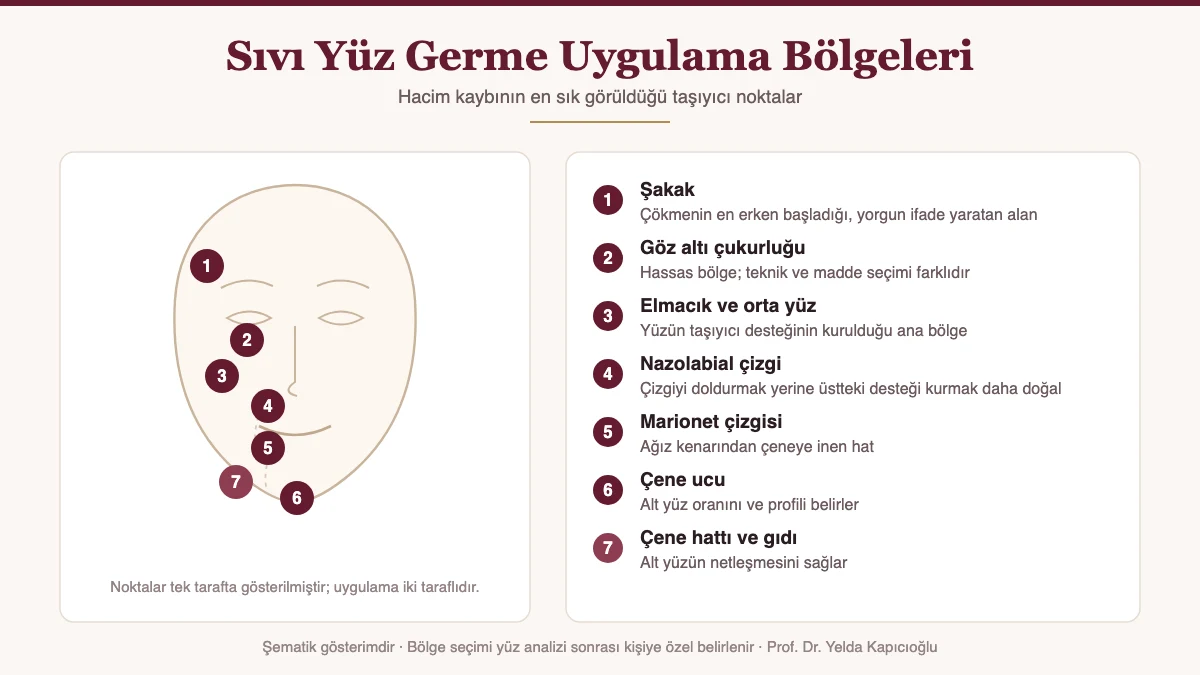 Sıvı yüz germe uygulama bölgeleri şeması: şakak, elmacık, göz altı, nazolabial, çene - Prof. Dr. Yelda Kapıcıoğlu
